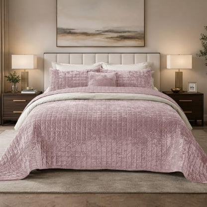 Quilt Set King Size 98x106 Luxurious Velvet Bedding Sets with 2 Pillow Shams 20x36 3 Pieces Ultra Soft Quilted Bedspread Coverlet Comforter for All Season,Pink