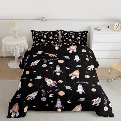 Erosebridal Kids Cartoon Rocket Comforter King Size for Kids Teens Adults,Planets Galaxy Bedding Set,Hand-Drawn Spaceship Duvet Insert,Starry Outer Space Quilt Bedroom Decor