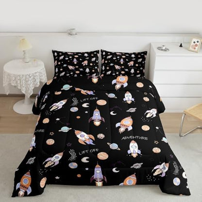 Erosebridal Kids Cartoon Rocket Full Size Comforter Sets for Kids Boys Girls,Planets Galaxy Bedding Set,Hand-Drawn Spaceship Duvet Insert,Starry Outer Space Quilt Bedroom Decor