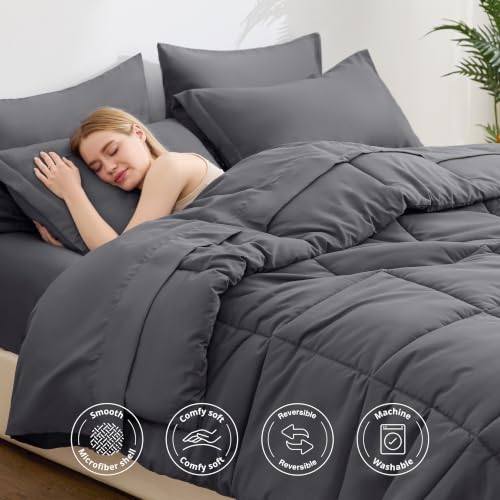 Love's cabin Twin XL Comforter Set Soot Grey, 5 Pieces Twin XL Bed in a Bag, All Season Bedding Sets with 1 Comforter, 1 Flat Sheet, 1 Fitted Sheet, 1 Pillowcase and 1 Pillow Sham