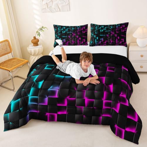 Erosebridal Geometric Checkered Comforter Set Toddler Neon Teal Purple Bedding Set for Kids Boys Teen Men Gamer Room Decor,Abstract Ombre Plaid Comforter Grids Quilt Duvet Black