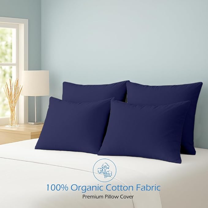 Comfort Beddings King Pillowcases Set of 4 – 100% Organic Cotton, 600 Thread Count Sateen, Soft & Comfy Pillow Covers with Envelope Closure, Blue, King Size 20 x 36 Inches