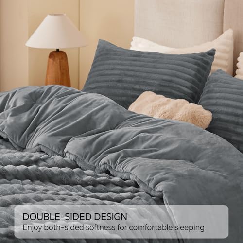 BEDELITE Fleece Queen Comforter Set, Fluffy Bed Set, Grey