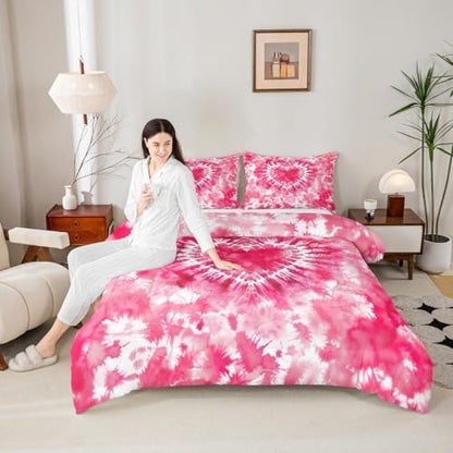 Rose Red Tie Dye Comforter Set Queen Size,Cute Heart Pink Tie Dye Bedding Set 3pcs for Kids Teens Girls Women Room Decor,Watercolor Tie Dye Quilt Set Modern Fashion Down Comforter with 2 Pillowcases