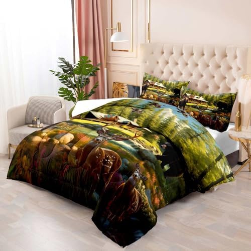LUVIVIHOME 2PCS Rustic Bear Moose Deer Comforter Set Twin Size, Cabin Bedding, Green Forest Animals Mallard Duck Wildlife Hunting Hunter Country Lodge Rustic Farmhouse Bedroom Decor, 1 Pillow Sham