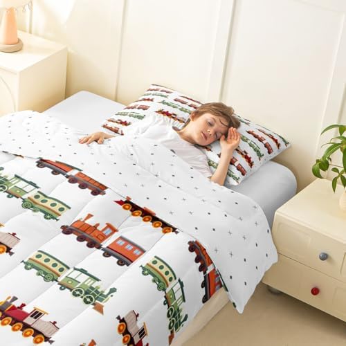 Feelyou Retro Train Comforter Set Twin Size Vintage Steam Locomotive Down Bedding Set for Kids Boys Girls Transportation Vehicles Duvet Quilt Bedroom Decor Microfiber 2 Pcs with 1 Pillow Case