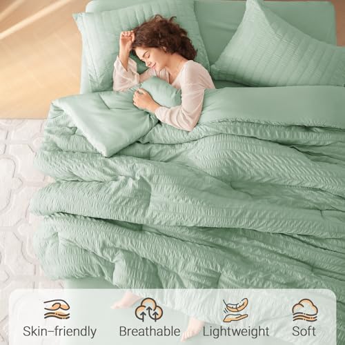 MUXHOMO 7 Pieces Oversized Queen Comforter Set, Seersucker Bed in a Bag Oversized Queen Size, All Season Luxury Bedding Set with Comforter, Flat Sheet, Fitted Sheet, Pillowcases & Shams, Sage Green
