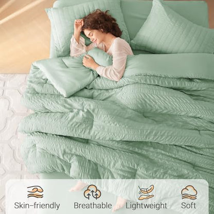 MUXHOMO 7 Pieces Oversized King Comforter Set, Seersucker Bed in a Bag Oversized King Size, All Season Luxury Bedding Set with Comforter, Flat Sheet, Fitted Sheet, Pillowcases & Shams, Sage Green