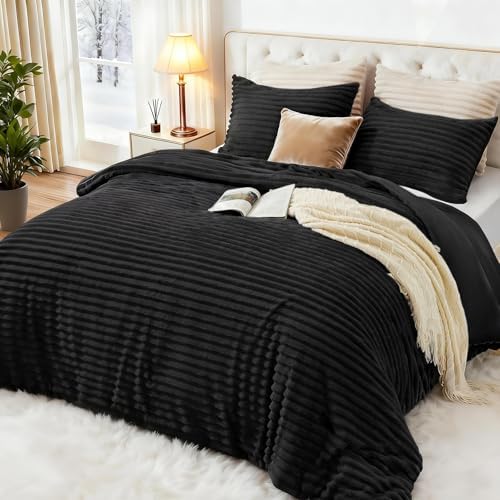 EXQ Home Fluffy Comforter Set King Size,3 Pieces Bed Set,Black