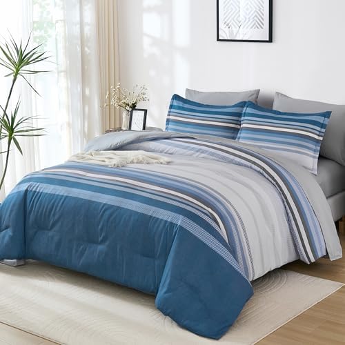 Dobuyly Grayish Blue King Size Comforter Set 7 Piece, Boho Striped Bed in a Bag Soft Microfiber All Season, Blue and Grey Bedding Set with Comforter, Sheets, Pillowcases & Shams
