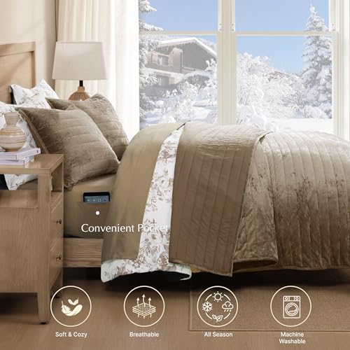 Velvet Quilt Set Queen Size -Bedding Set Taupe Soft Bedspread with 2 Shams