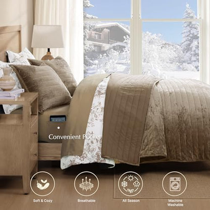 Velvet Quilt Set Queen Size -Bedding Set Taupe Soft Bedspread with 2 Shams