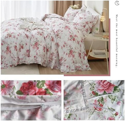 VM VOUGEMARKET Ruffle Full Duvet Covet with Pink Red Flower Prints Romantic Princess Style Lace Bedding Set Vintage Floral Duvet Cover Set with Zipper for Teen Girls
