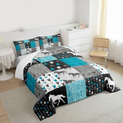 Horse Comforter Set Queen Size Patchwork Teal Unicorn Bedding Set For Kids Boys Girls Black Gray Wild Horses Wood Grain Down Comforter Geometric Lattice Arrow Grid Animal Room Decor Duvet Set