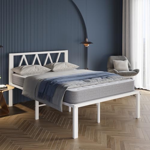 Avenco 18 Inch Queen Bed Frame with Headboard, White Metal Platform Bed Frame, Queen Size Bed Frame No Box Spring Needed, Easy Assembly, Heavy Duty Slats Support