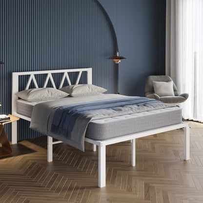 Avenco 18 Inch Queen Bed Frame with Headboard, White Metal Platform Bed Frame, Queen Size Bed Frame No Box Spring Needed, Easy Assembly, Heavy Duty Slats Support