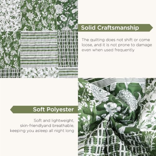Litanika Floral Sage Quilt Queen - 3Pcs Botanical Birds Bedding Set