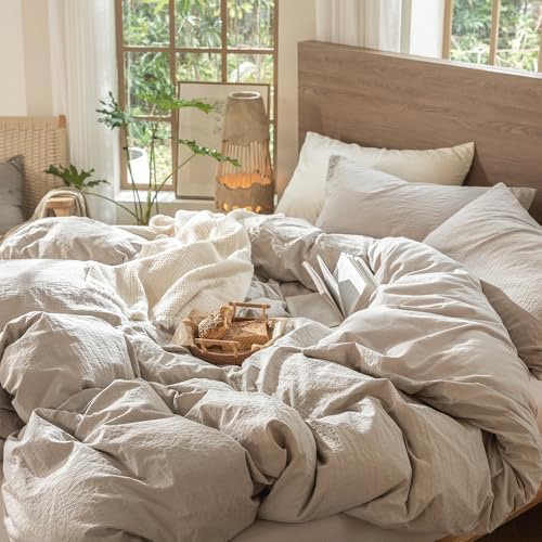 MooMee Wavy Striped Duvet Cover Set 100% Washed Cotton Linen Like Textured Breathable Durable Soft Comfy (Beige, Queen 90"x90")