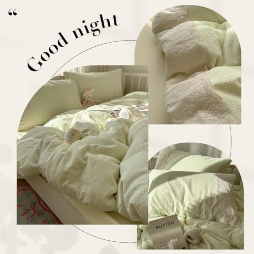 mixinni Green Gingham Duvet Cover Full Size - 3 Piece Cottagecore Plaid Bedding Set with Lace Trim, Soft Washed Microfiber Vintage Aesthetic Grid Comforter Cover & Pillow Shams, (Green White Gingham)