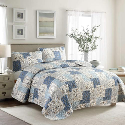 Mybedsoul Boho Quilt King Size, Patchwork Floral Bedding Set, Light Blue