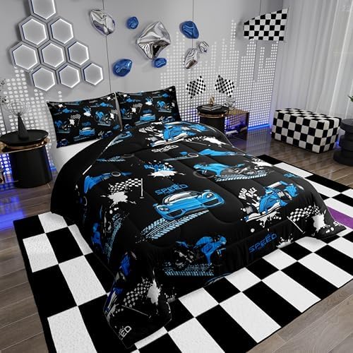 Erosebridal Kids Race Car Comforter Set Blue Black Racing Car Bedding Set Toddler Size,Speed Sports Car Comforter Extreme Sports Duvet Insert for Boys Teens Cool Dirt Bike Motocross Quilt Bed Set