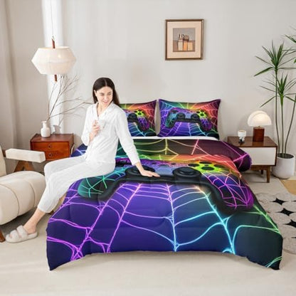 Erosebridal Gaming Comforter Set Rainbow Spider Web Kids Comforter Sets,Game Consoles Bedding Gothic Cobweb Sports Bedding Sets for Boys King,Gamer Room Decor for Boys Bedroom Decor Gamer Gifts