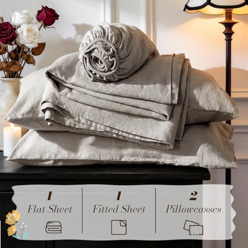 SONORO KATE 100% French Linen King Size Sheets Set,Natural Flax Bedding