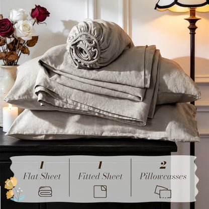 SONORO KATE 100% French Linen King Size Sheets Set,Natural Flax Bedding