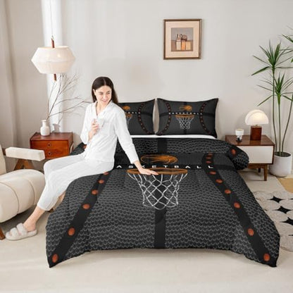 Castle Fairy Sports Basketball Children Comforter Set,Ball Games Bedding Set for Kids Boys,Adults Soft Basketball Comforter,Teens Orange and Gray Quilted Duvet Set Bedroom Collection King Size 3Pcs