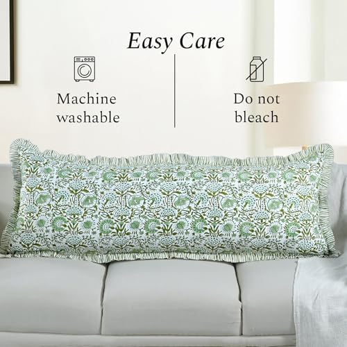 CPC Block Print Agate Green Ruffle Cotton Lumbar Pillow Cover 20x54 inch