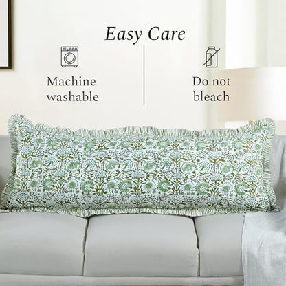 CPC Block Print Agate Green Ruffle Cotton Lumbar Pillow Cover 20x54 inch