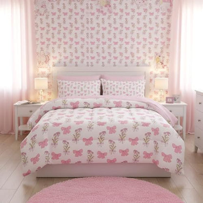 QOOMO Bow 7 Pieces Comforter Set Twin Size,Floral Bowknot Bedding Set