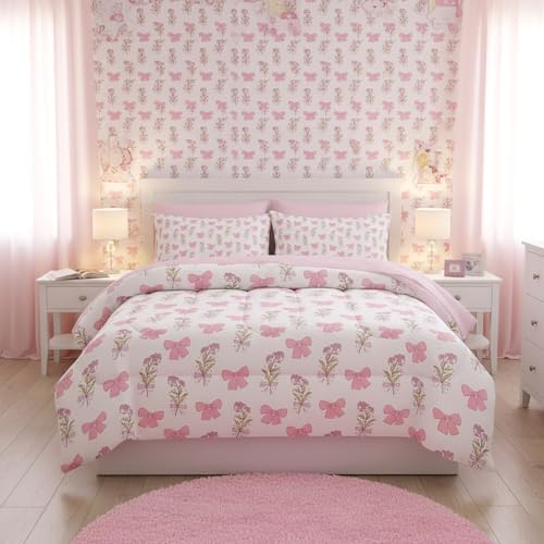 QOOMO Bow 7 Pieces Comforter Set Queen Size,Floral Bowknot Bedding Set