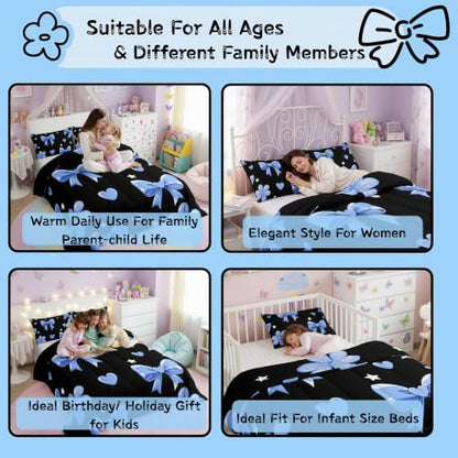 jejeloiu Bow Comforter Set All Season Bowknot Bedding Set with 2 Pillow Cases Black Blue Microfiber Kids Full Bedclothes Bow-tie Bedroom Decor Duvet Quilt Breathable Soft Lightweight
