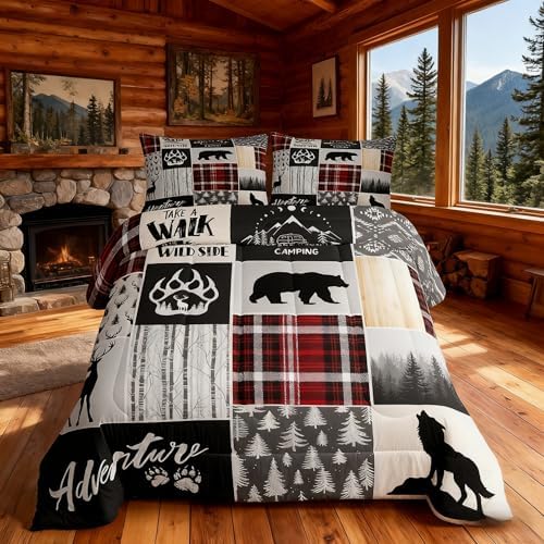 Deer Antlers Comforter Set Twin Size,Bear Paws Pine Trees Xmas Bedding Set for Kids Boys Girls Adults Room Decor,Lattices Patchwork Rustic Farmhouse Down Comforter,Red Duvet Insert,1 Pillowcase