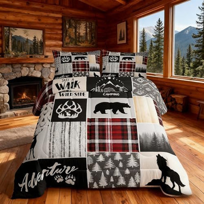 Deer Antlers Comforter Set Twin Size,Bear Paws Pine Trees Xmas Bedding Set for Kids Boys Girls Adults Room Decor,Lattices Patchwork Rustic Farmhouse Down Comforter,Red Duvet Insert,1 Pillowcase