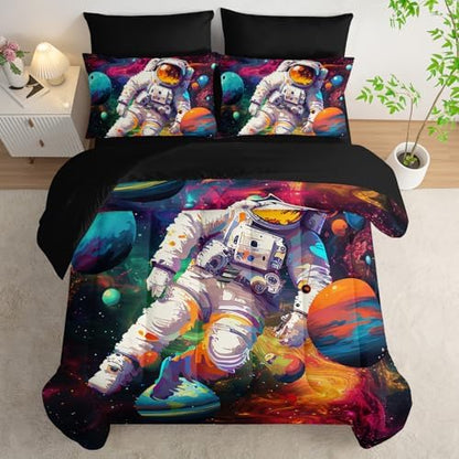 7 Piece Astronaut Themed Comforter Set Queen，Astronaut Bedding for Boys Queen Size，(1 Comforter, 1 Flat Sheet, 1 Fitted Sheet, 2 Pillowcase and 2 Pillow Sham)