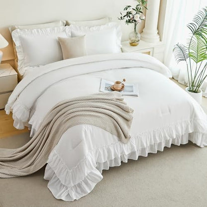 ANGIYUIN 5 Pieces White Twin Size Comforter Set Double Ruffled Bed in A Bag