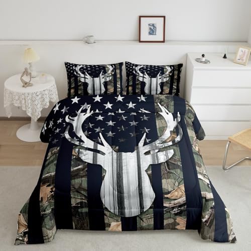 Wild Deer Antler Comforter Set Full Size,Deer Animal Rustic Green Camouflage Bedding Comforter for Boys Man,Western Farmhouse Camo Hunting Stars Stripes American Flag Bedding Set RV Inside Decor