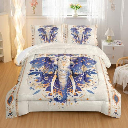 Nttopship Ethnic Elephant Comforter Bedding Set with 2 Pillowcase King Size Wild Animals Comforter Set for Kids Boys Girls Bedroom Decor