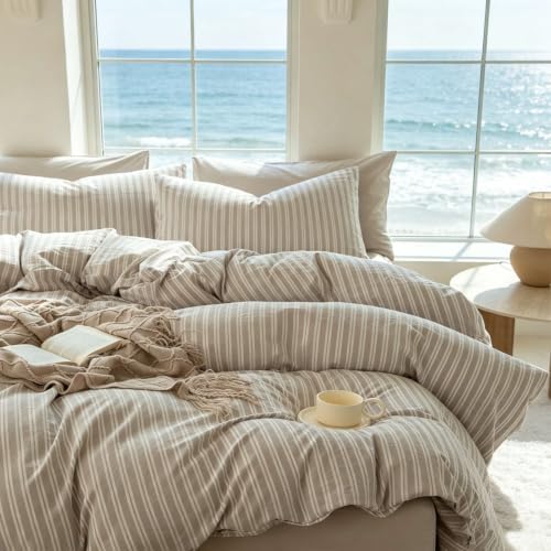 Striped Duvet Cover Set Queen Size 3 Piece 100% Washed Cotton Linen Like Textured Bedding Comfy Breathable (Queen, Double Stripe-Beige/White)