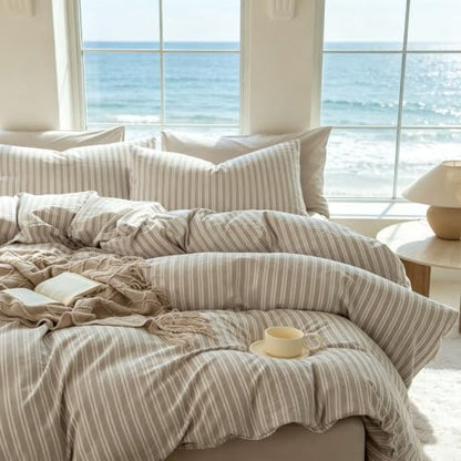 Striped Duvet Cover Set Queen Size 3 Piece 100% Washed Cotton Linen Like Textured Bedding Comfy Breathable (Queen, Double Stripe-Beige/White)