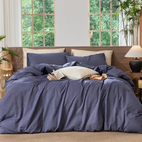 MooMee Striped Duvet Cover Set 100% Washed Cotton Linen Like Queen