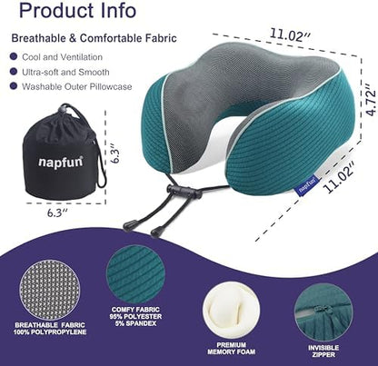 napfun Neck Pillow for Travel, Memory Foam Airplane Pillow, Teal