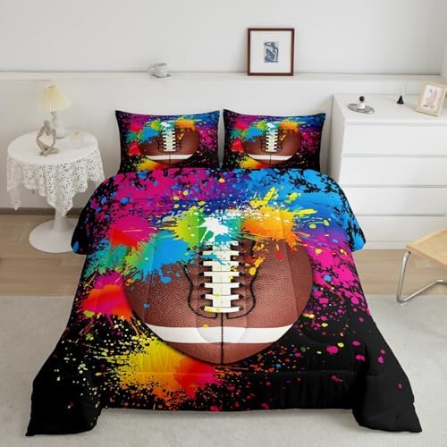 American Football Comforter Set Twin Size,Modern Game Extreme Sport Bedding Set 2pcs for Teens Boys Adults Room,Watercolor Graffiti Duvet Insert Tie Dye Quilted Duvet Set with 1 Pillowcase,Black