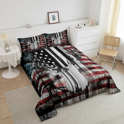 Feelyou American Flag Deer Antlers Bedding Set Hunting Camping Comforter Set for Kids Boys Girls USA Flag Comforter Tree Branch Inner Fill Duvet Set 1 Comforter Set with 2 Pillowcases Full Size