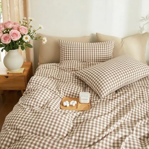 Gingham Duvet Cover Set 3 Piece 100% Washed Cotton Linen Feel Modern Plaid Checkered Bedding Comfy Breathable (Brown/White Gingham, Queen)