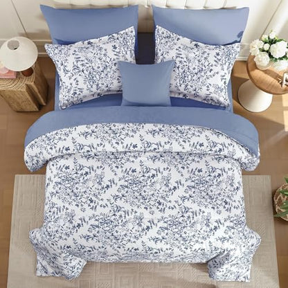 6 Pieces Blue Comforter Set Twin Size, Floral Bed in a Bag Comforter Sets