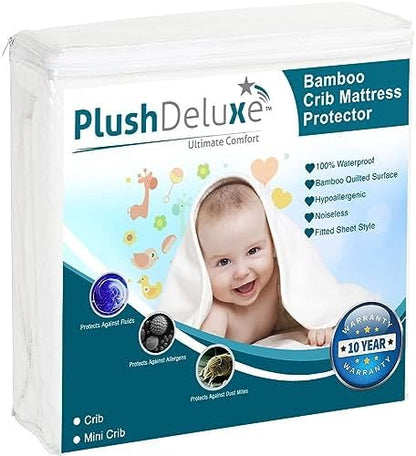 PlushDeluxe Pack and Play Mattress Protector, 39”x27”, Waterproof Playard Pack N Play Mini Crib Cover, Soft Viscose Made from Bamboo with Quilted Terry Cotton Top, Noiseless White Fitted Sheet Style