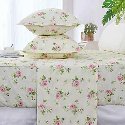 FADFAY Floral Sheets Full 100% Cotton Pink Rose Bed Shees Shabby & Chic Bedding Light Yellow Rosette Print Breathable Soft Luxury Deep Pocket Fitted Sheets 4Pcs, Full